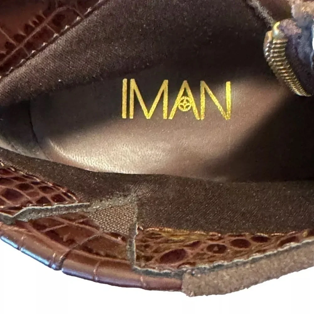Iman Brown Boots Sz 10 Zip Up 4'' High Heel Ankle Reptile Bootie Party Office